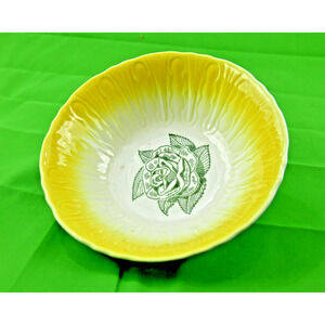 Vtg 1940’s Scio OH Pottery Serving Bowl Yellow, Hairpin Green Rose 8.5 Inch